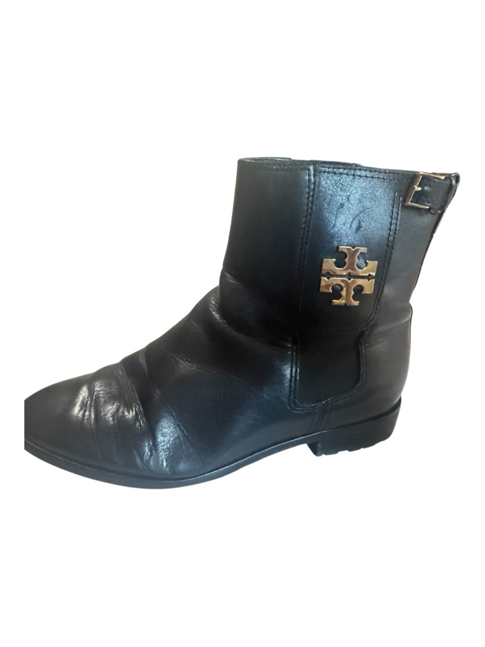 Tory Burch Black Leather Ankle Boot with Gold Logo Accent